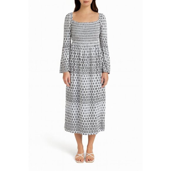 Sail to Sable Square Neck Smocked Dress XL Blue White Geometric Print - Picture 1 of 7